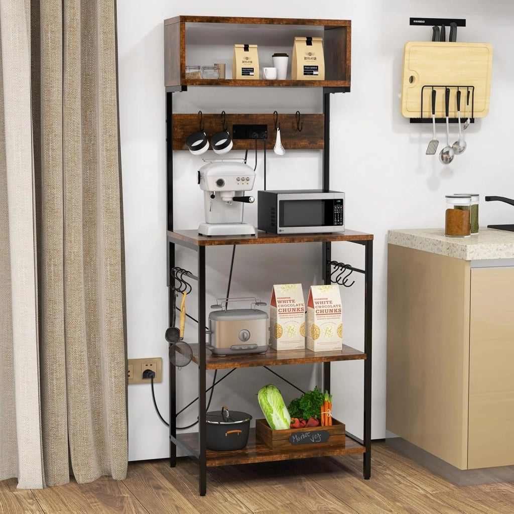 Scaffale da cucina con stazione di ricarica, scaffale per microonde con ripiani aperti e 10 ganci per appenderla, industriale con telaio in acciaio, per cucina, sala da pranzo, 60 x 42 x 153