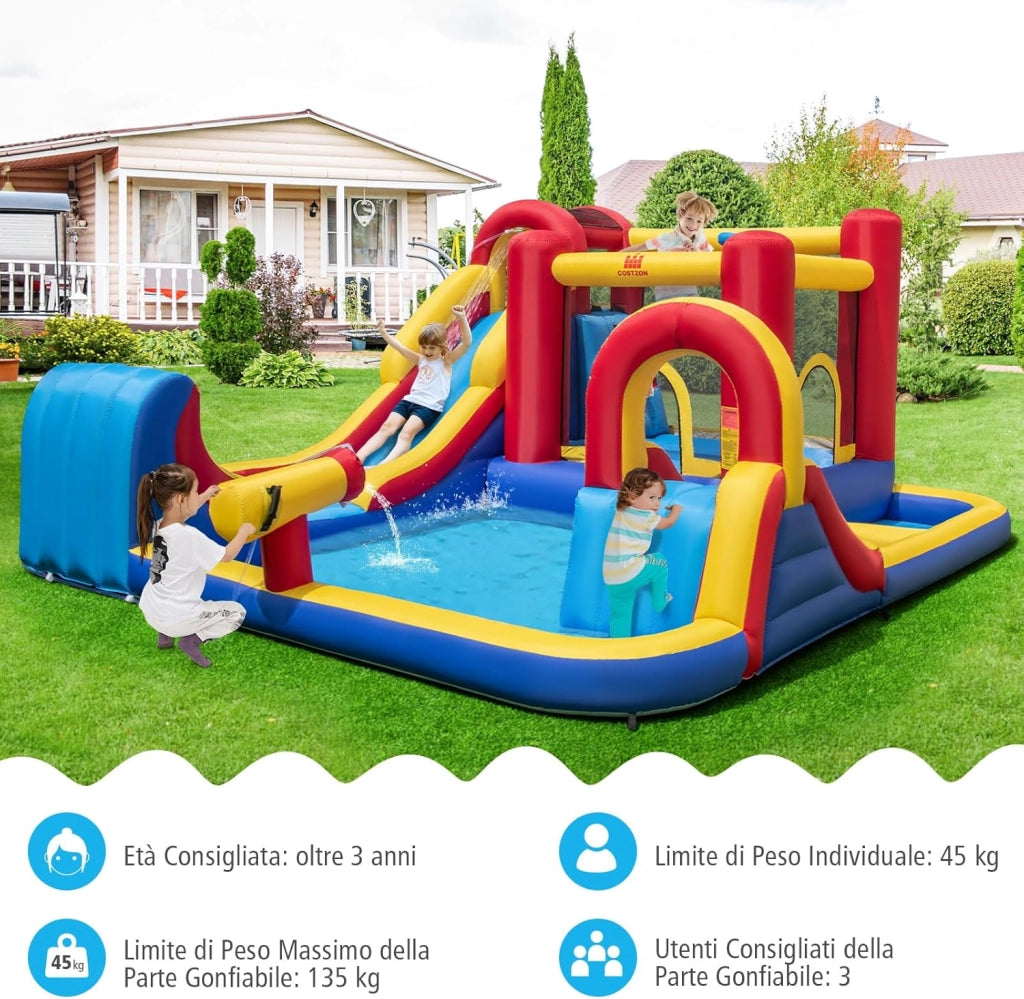 Castello Gonfiabile per Bambini, Parco Acquatico Gigante con Doppi Scivoli d'Acqua, 2 Piscine, Area Salto, Canestro e Parete da Arrampicata, 450 x 392 x 216 cm