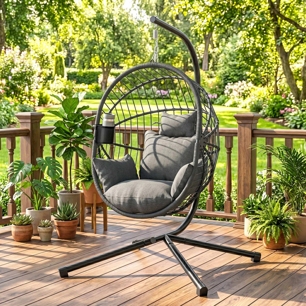 Poltrona a Uovo Sospesa con Cuscino e Cesto ¨C zephmum ¨C Grigio 120x106x188 cm