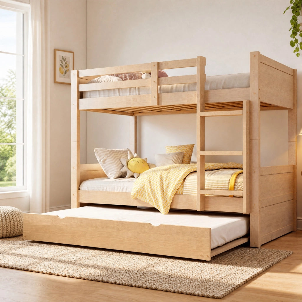 Letto a castello 90x200 cm in legno con letto estraibile; trasformabile in due letti singoli; colore legno