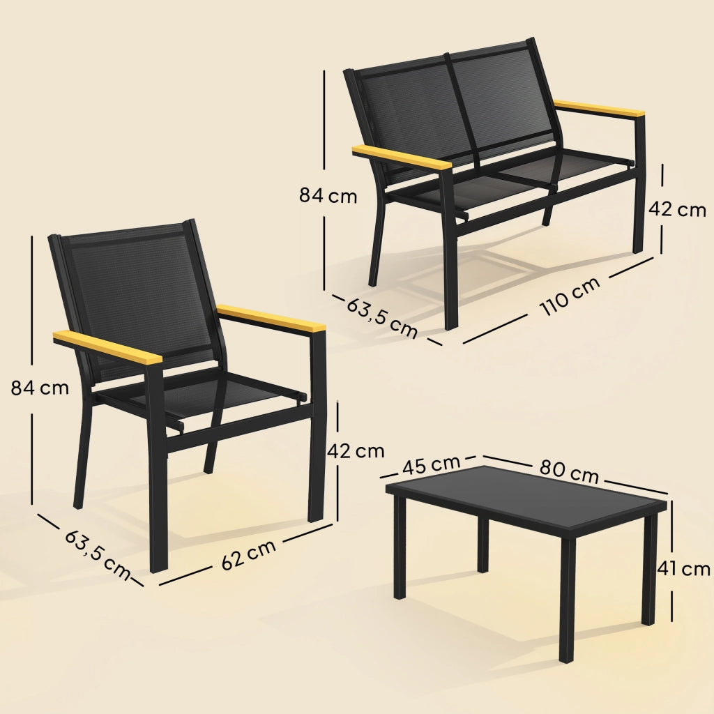 Set giardino 4 pezzi con divano 2 posti, 2 sedie e tavolino in vetro temperato ¨C zephmum ¨C nero