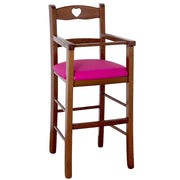 Seggiolone in legno color noce scuro con seduta imbottita in similpelle lilla