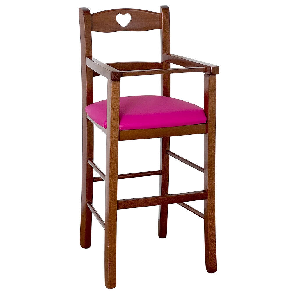 Seggiolone in legno color noce scuro con seduta imbottita in similpelle lilla