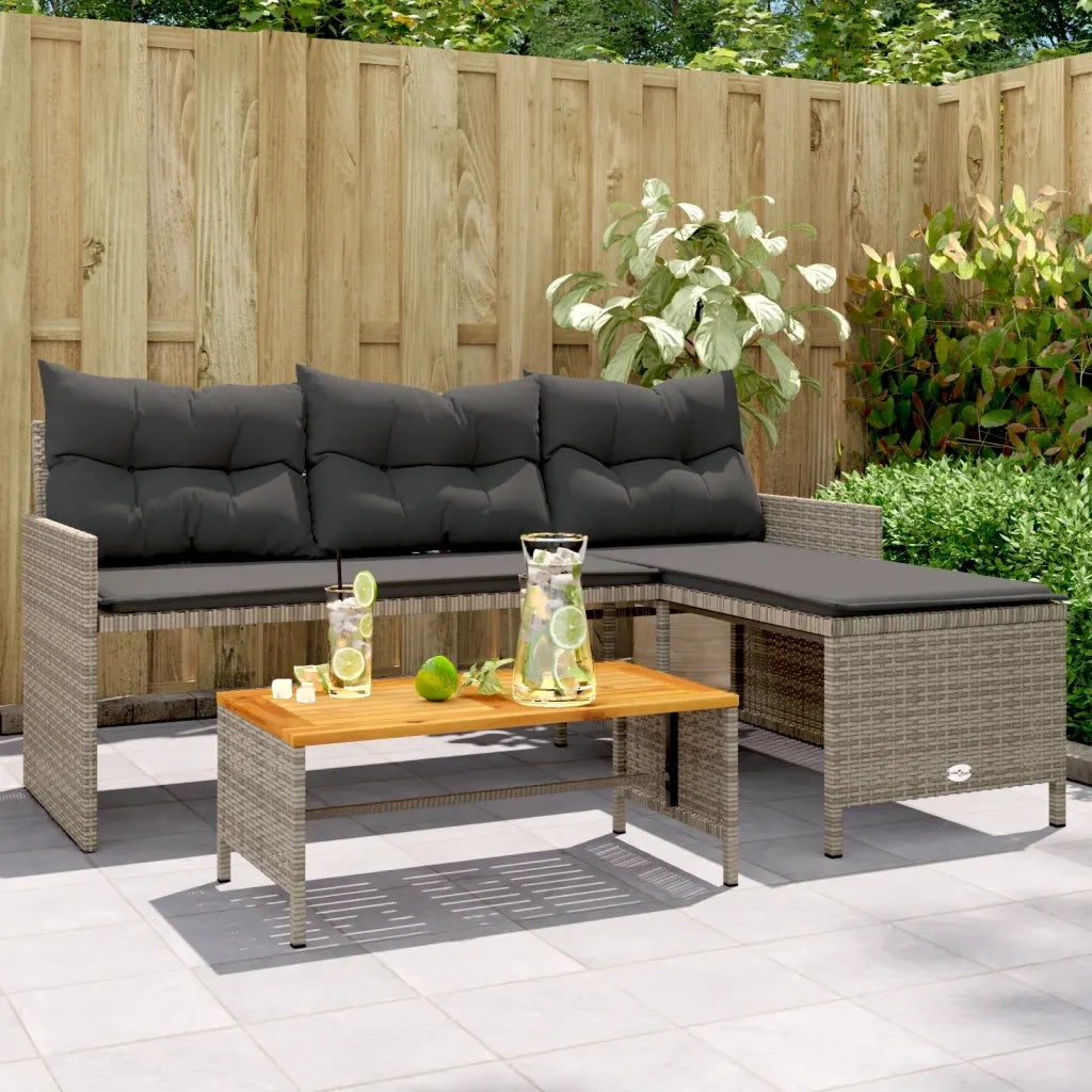 Divano da Giardino con Tavolo e Cuscini a L-Sofa da Giardino-Divano da esterno Grigio Polyrattan 226646