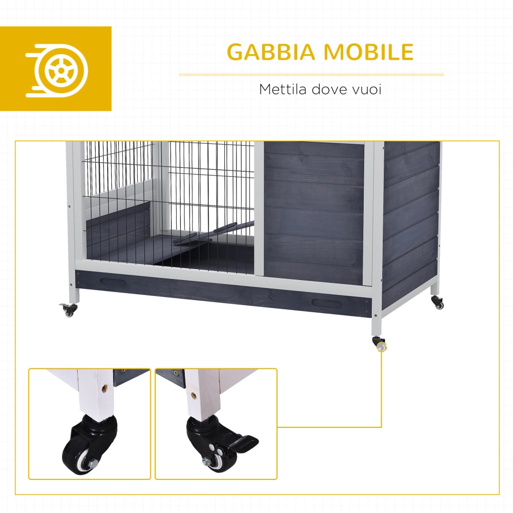 EasyComfort Gabbietta per Conigli e Porcellini d'India Conigliera con 4 Ruote, Casetta, Rampa e Vassoio Rimovibile, Legno Naturale, Grigio e Bianco, 90x53x59 cm