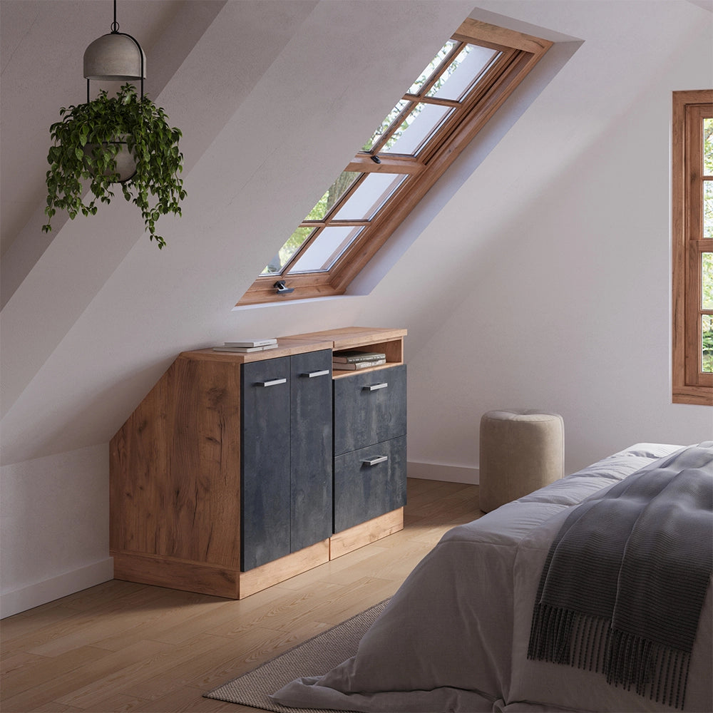 Set di mobili sottotetto Rion Calce nera/Rovere dorato 120 cm Set di 2 carcasse armadio profondità 60 cm Vicco