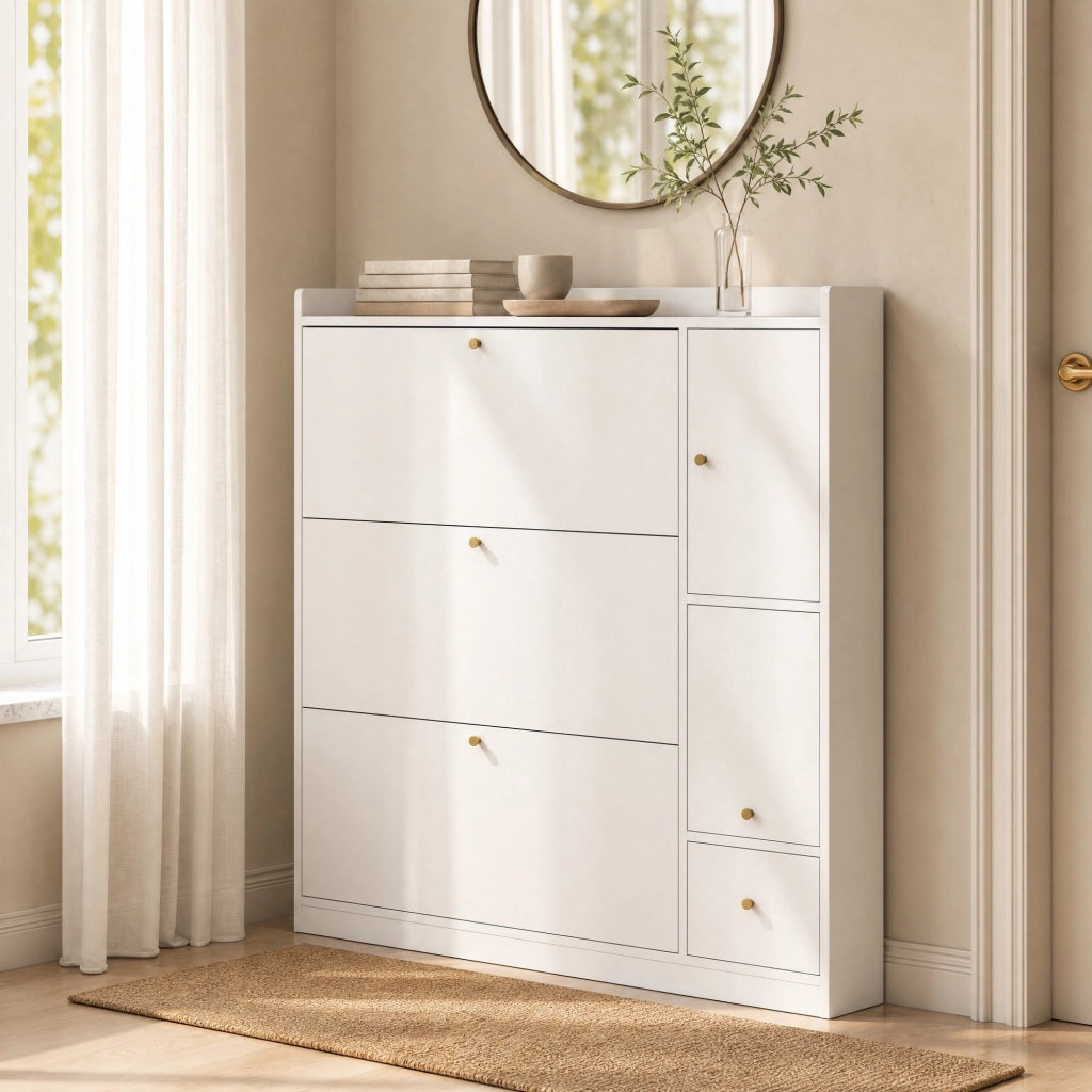 Scarpiera con 3 ante ribaltabili; vano portaoggetti e seduta ribaltabile; 119x24x122 cm; bianco