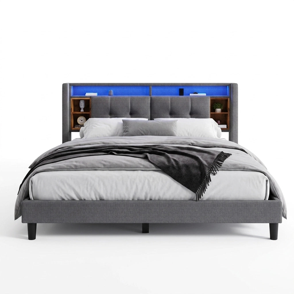 Letto matrimoniale 160x200 cm con testiera contenitore; LED e USB; grigio