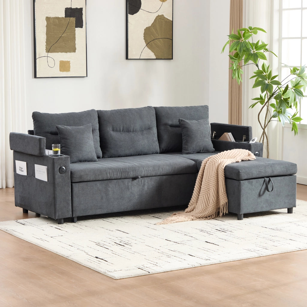 Divano letto 3 posti con contenitore; USB-C e chaise longue idraulica in lino grigio scuro