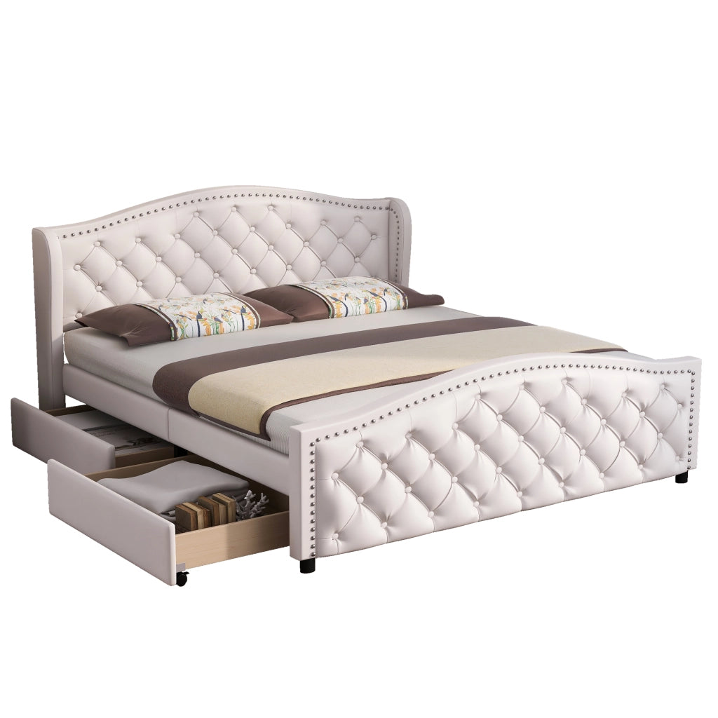 Letti contenitori 140x200 cm con 2 cassetti; testiera capitonné in PU bianco (Senza materasso)