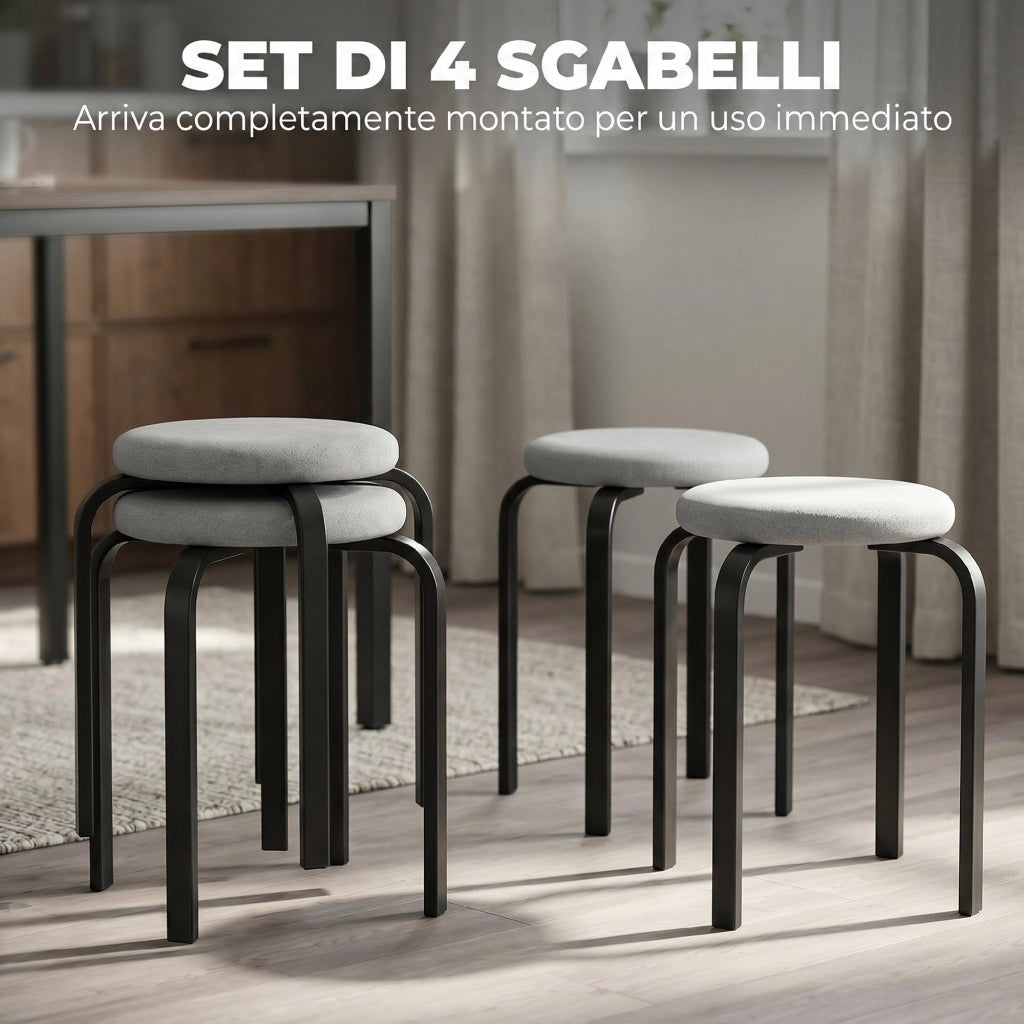 Set di 4 Sgabelli Impilabili Moderni con Cuscino Tondi. Grigio