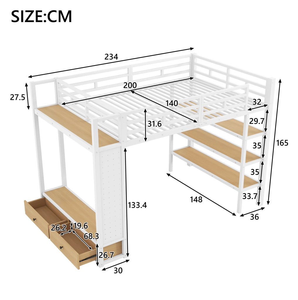 Letto a soppalco 140x200 cm con armadio aperto; ripiani; LED e parete forata bianco