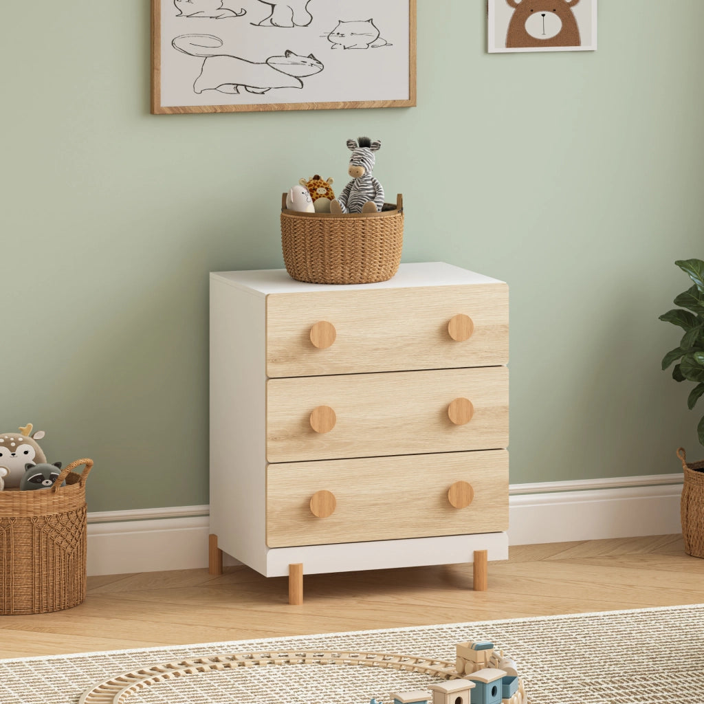 Cassettiera Vaarentaa per Cameretta con 3 Cassetti 66x55x41 cm - Bianco/Effetto Rovere [en.casa]
