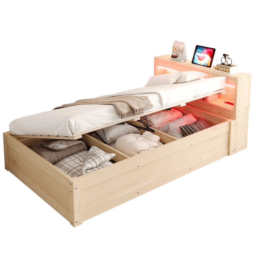 Letto multifunzione 90x200 cm con presa integrata; LED e contenitore idraulico; colore legno