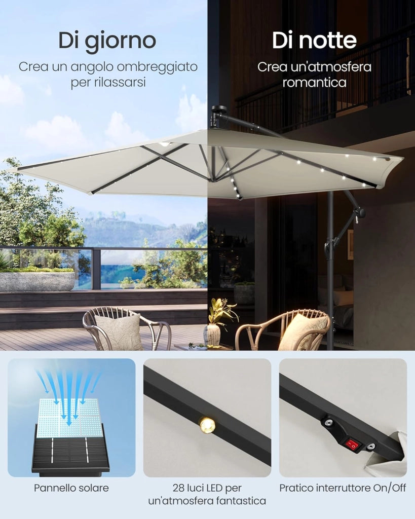 SONGMICS Ombrellone da Balcone con Illuminazione LED Solare, 32 Luci LED, con Base, Parasole UPF 50+, con Manovella, per Terrazza, Giardino