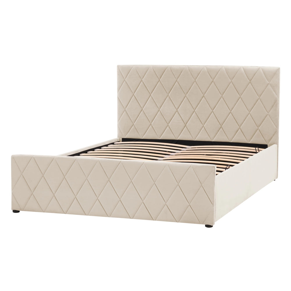 Letto contenitore Rivestimento in velluto beige 180 x 200 cm con testiera trapuntata a rombi con base a doghe