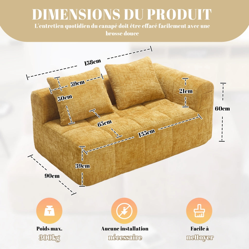 Méridienne 2 Posti con Cuscino e Tasche Laterali, Design Ergonomico in Ciniglia Gialla 158 × 90 × 60 cm