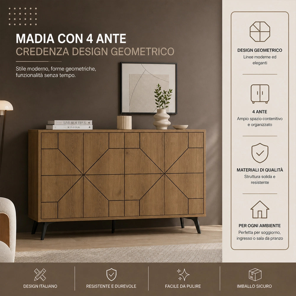 Madia con 4 Ante Credenza Design Geometrico Moderno in Legno 123x77 cm Rovere