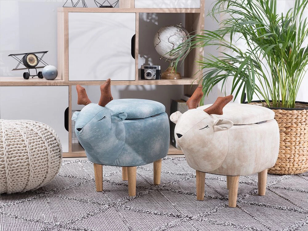 Sgabello per bambini con animali renna Tessuto in poliestere beige Gambe in legno imbottite contenitore Poggiapiedi per asilo nido