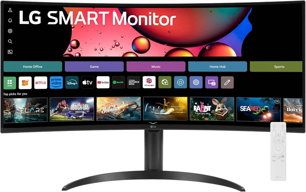 34SR65QC Monitor Smart 34" 21:9 Curvo WQHD (3440x1440) HDR, webOS con app di streaming, Wi-Fi, LAN, Bluetooth, AirPlay, Screen Share, Speaker Stereo 14W, 2x HDMI, 2x USB, 100Hz, Telecomando, Nero