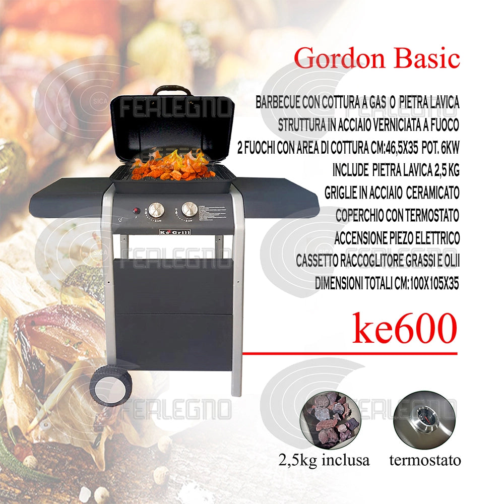 Ke grill ke600 barbecue gordon basic inox a gas senza fornellino con pietra lavica dimensioni 100x105x35cm