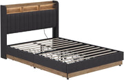 Letto imbottito Nura, Antracite/quercia, con 4 cassetticon porta di ricarica USB, illuminazione a LED e telecomando