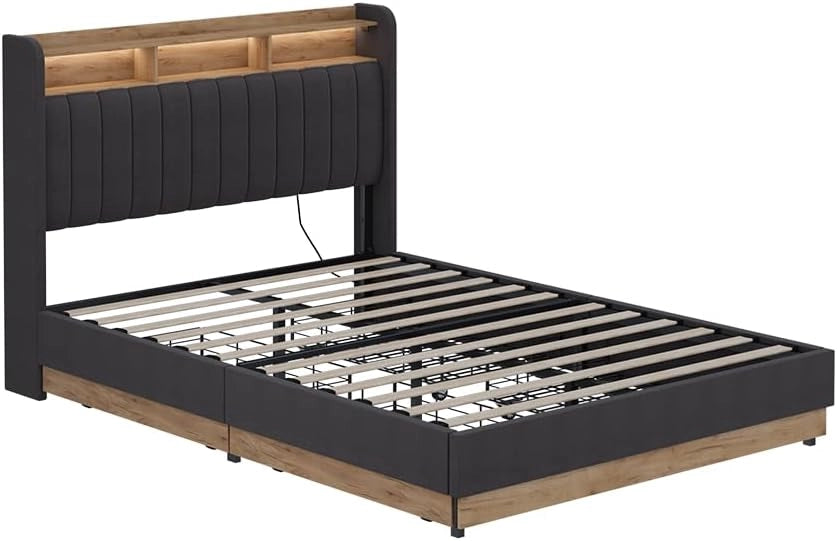 Letto imbottito Nura, Antracite/quercia, con 4 cassetticon porta di ricarica USB, illuminazione a LED e telecomando