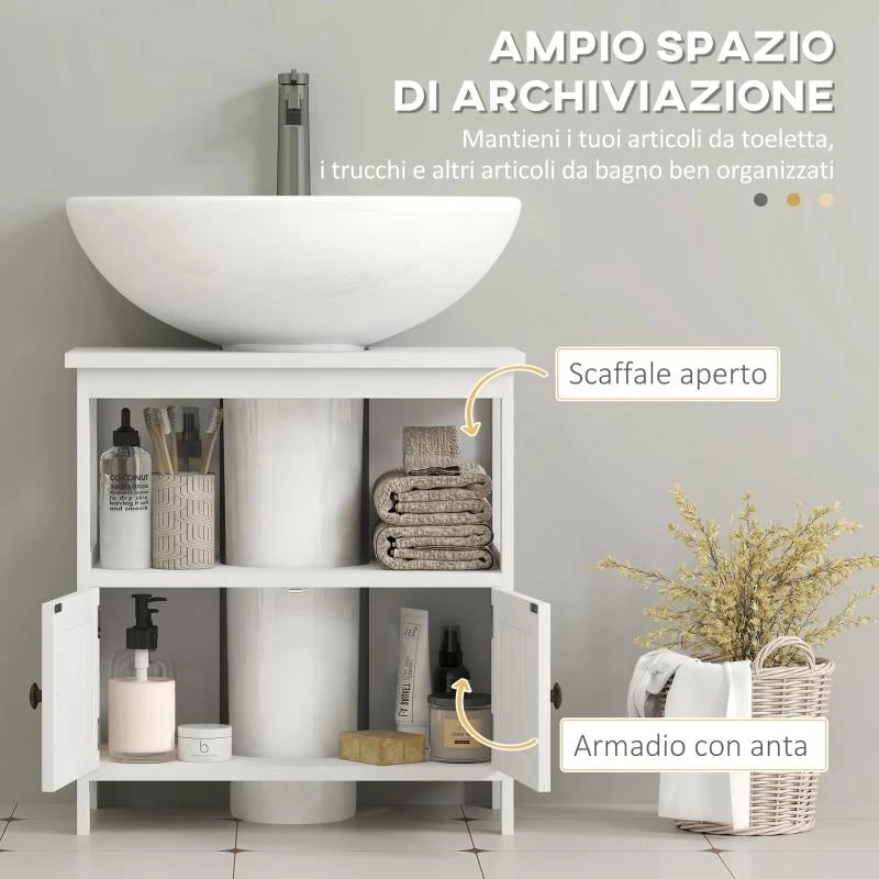 MOBILE SOTTOLAVABO CON RIPIANO E ARMADIETTO, INTAGLIO E U E 2 ANTE, 60X30X60 CM, BIANCO