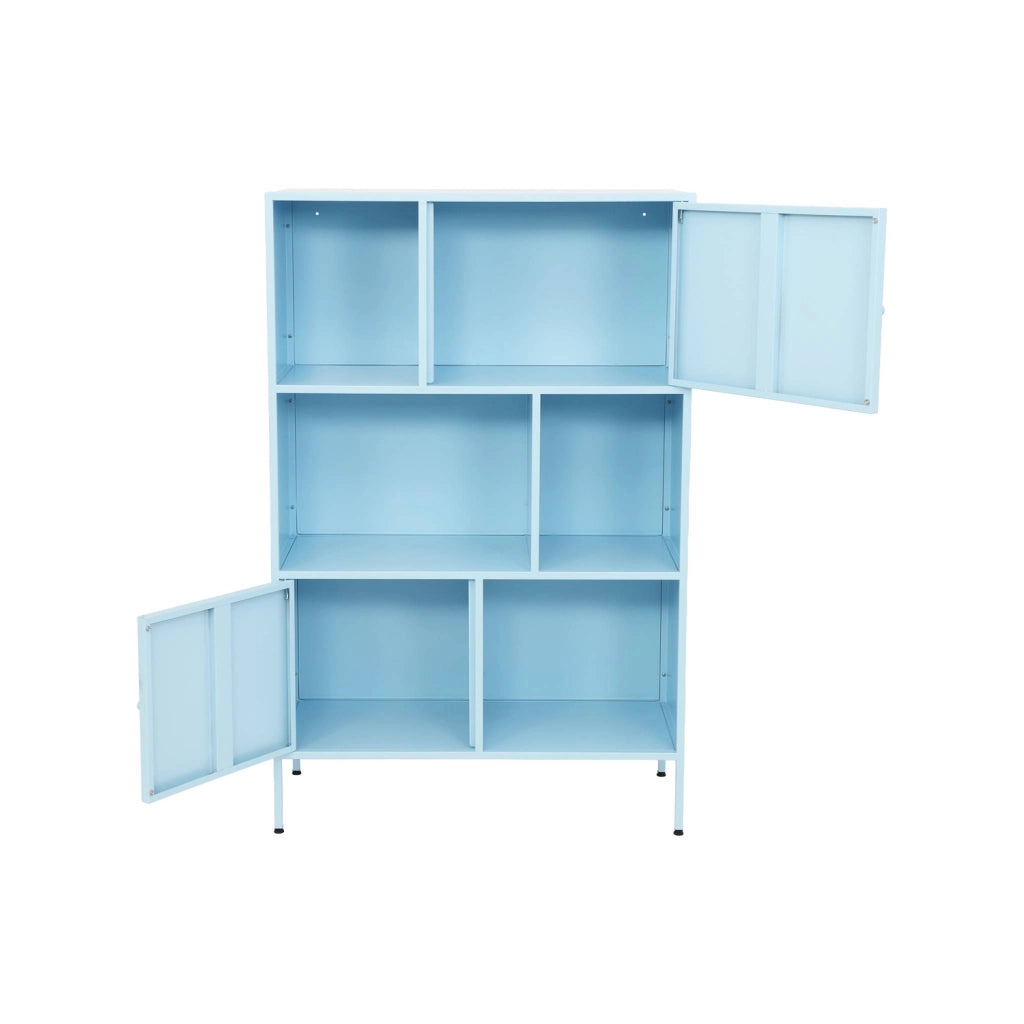 Credenza industriale in metallo con 6 scomparti, blu chiaro