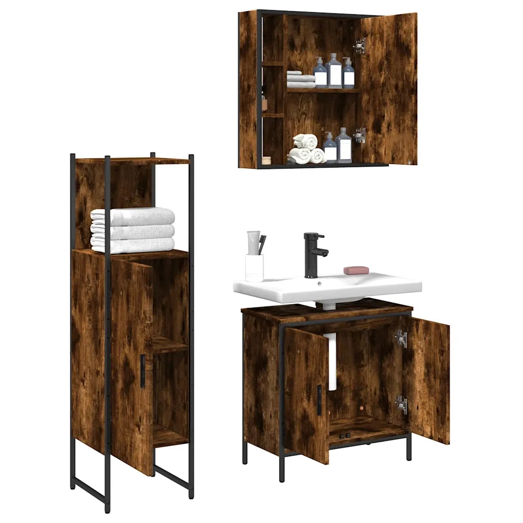 Set Mobili da Bagno 3 pz Rovere Fumo in Legno Multistrato 3214762