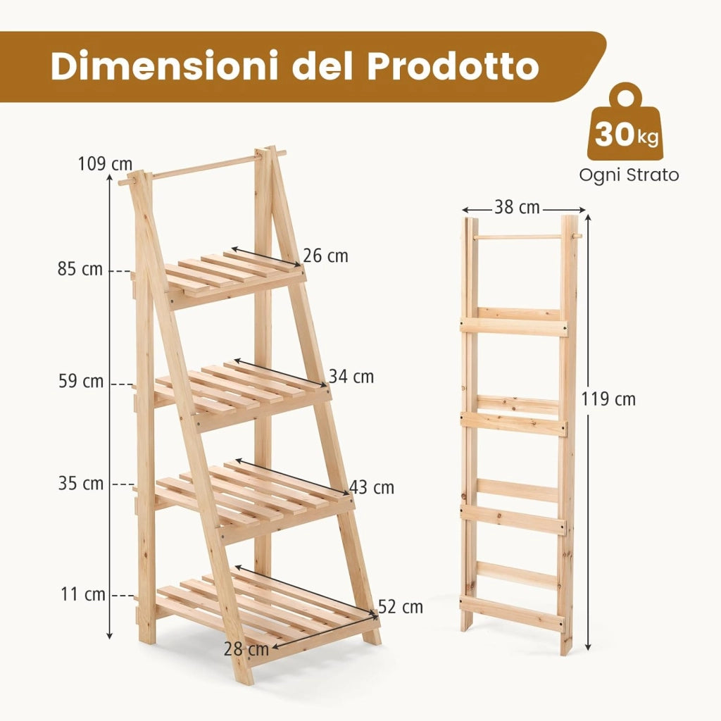 Scaffale Porta Piante a Scala Pieghevole, Scaffale per Vasi in Legno a 4 Livelli, Supporto Porta Fiori da Interno ed Esterno, Soggiorno Camera da Letto, Balcone