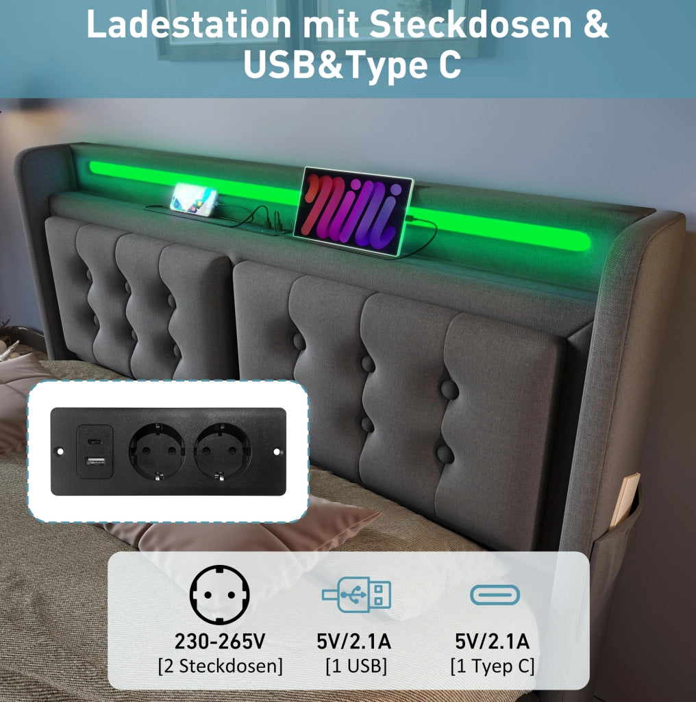 Letto imbottito 140x200 cm con materasso, LED e ricarica USB-C