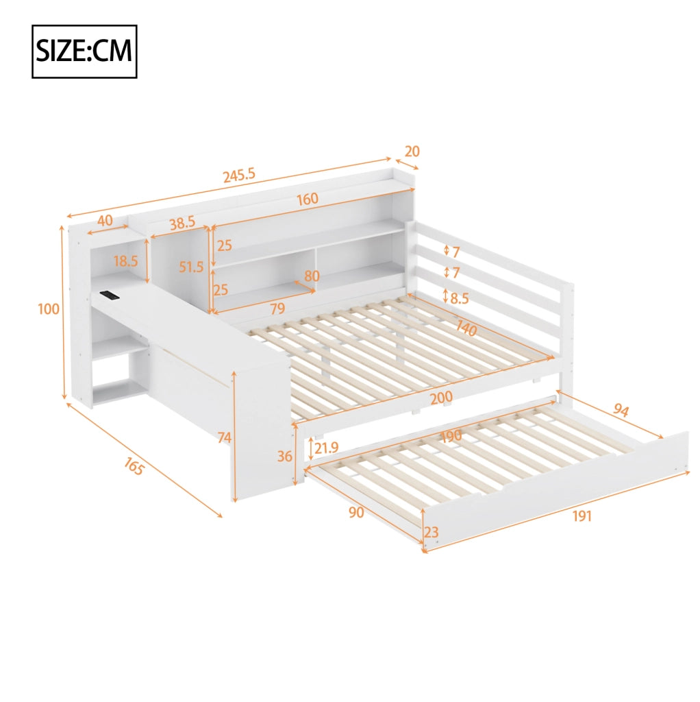 Letto multifunzionale in legno massello 140x200 cm con letto estraibile, scrivania e scaffali