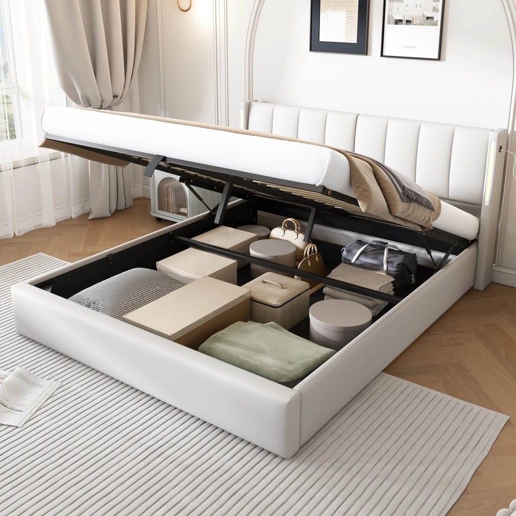 Letto imbottito idraulico con luci LED USB 180x200 cm colore PU bianco