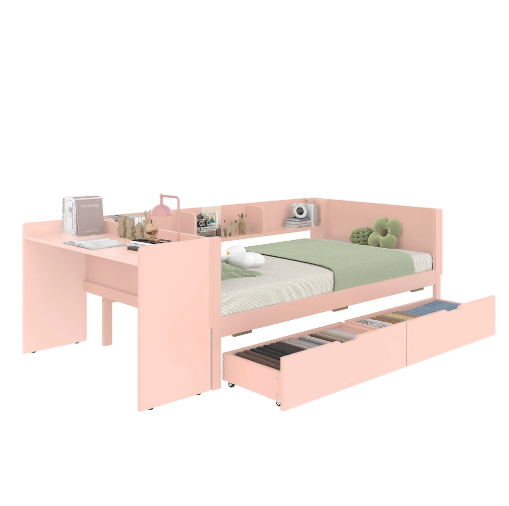 Letto singolo 90x200 cm rosa con scrivania e cassetti