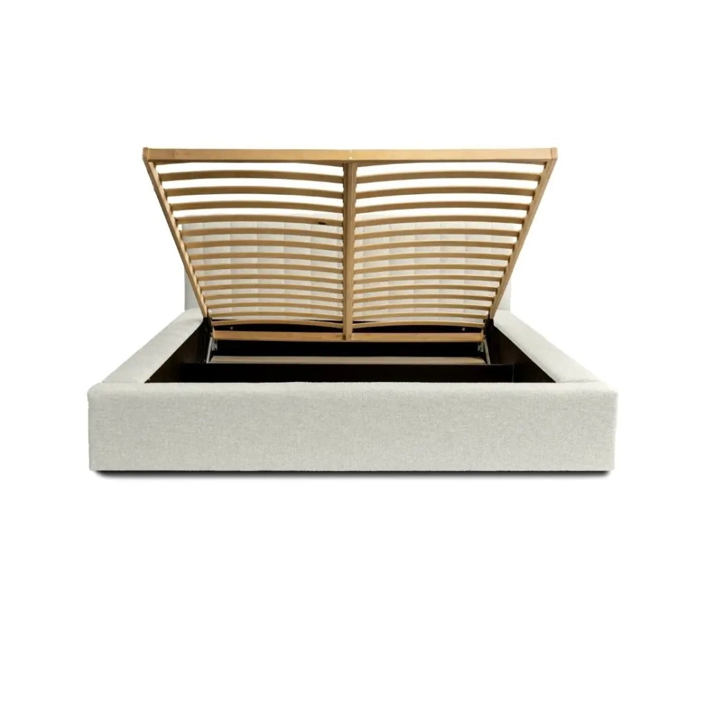 Letto contenitore CERVIN – Grigio Lino naturale bouclé – 140x200 cm – Rete sollevabile – Design di alta gamma