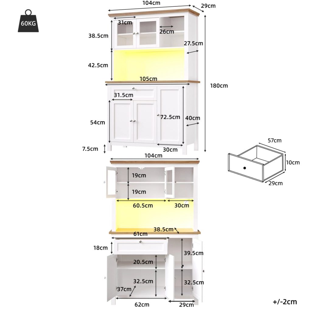 Credenza alta 104x40x180 cm con LED controllata da app; ripiani regolabili; MDF; bianco