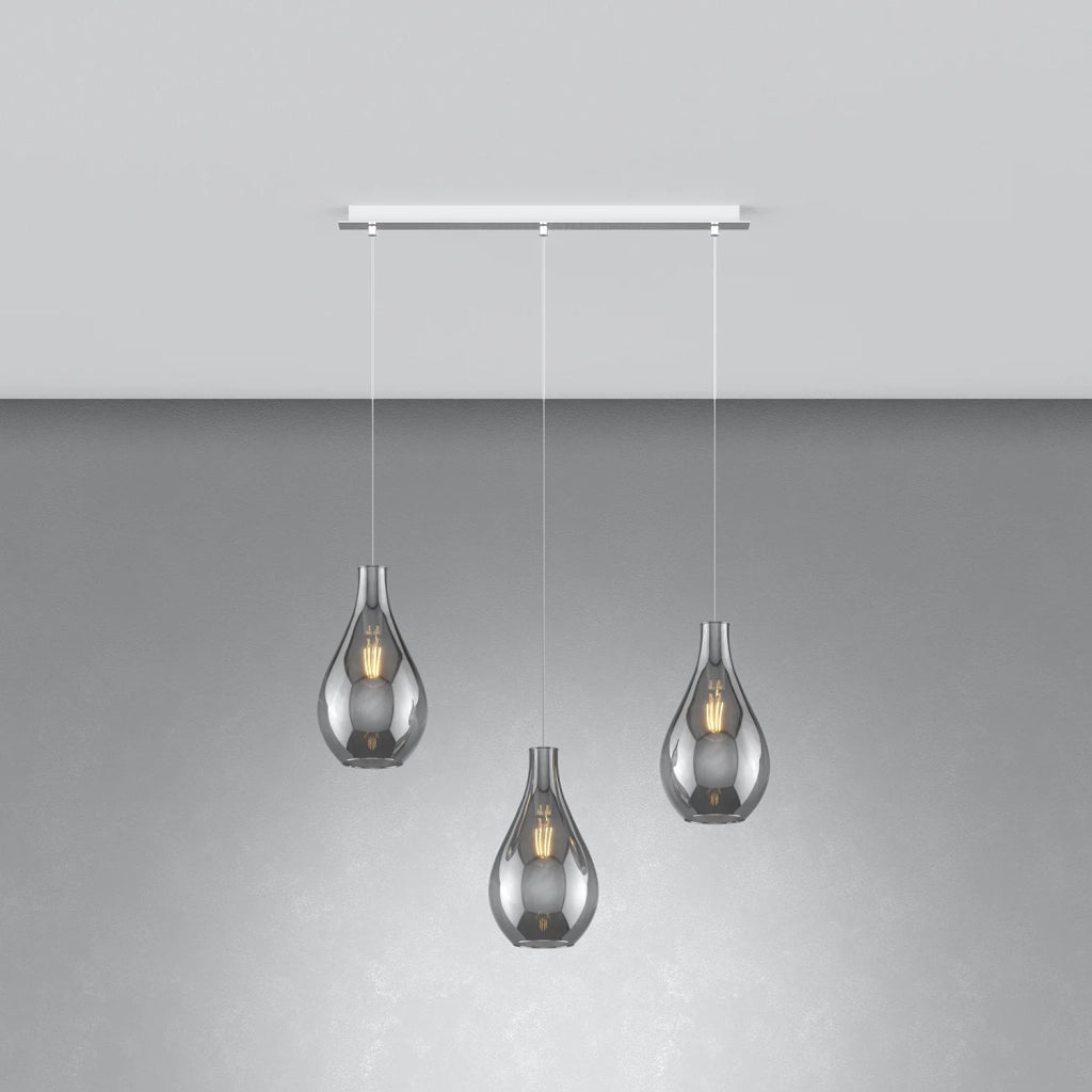 Lampadario Contemporaneo Drop 2.0 Metallo Cromo Vetro Fumè 3 Luci E27