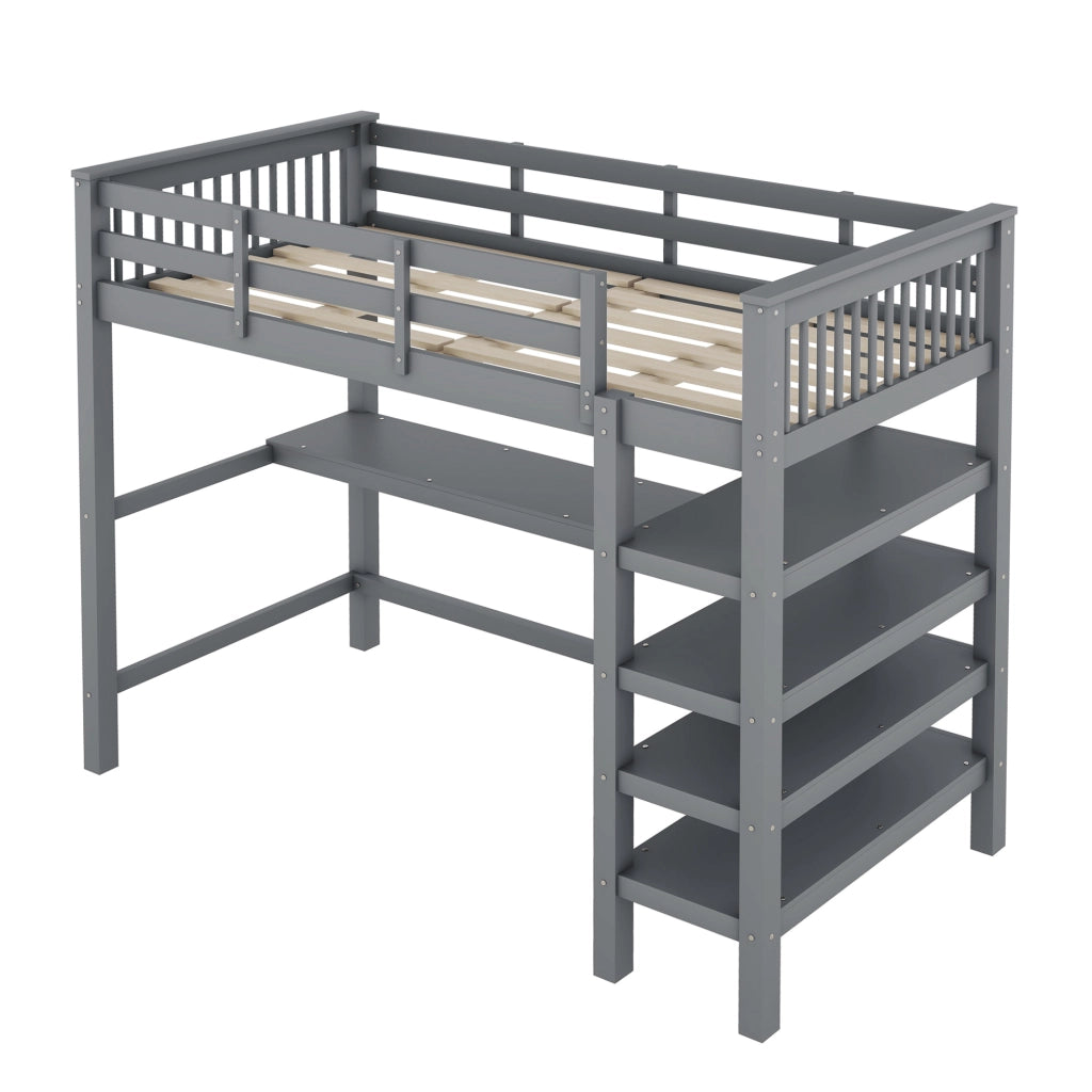 Letto a soppalco per bambini 90x200 cm con scrivania e ripiani, grigio, senza materasso
