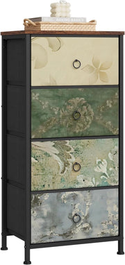 Cassettiera, 4 Cassetti per Camera da Letto/Corridoio/Soggiorno, Marrone Rustico e Nero con Motivo Fiore Retrò, Struttura in Metallo, 45x30x95cm, SSK011pw