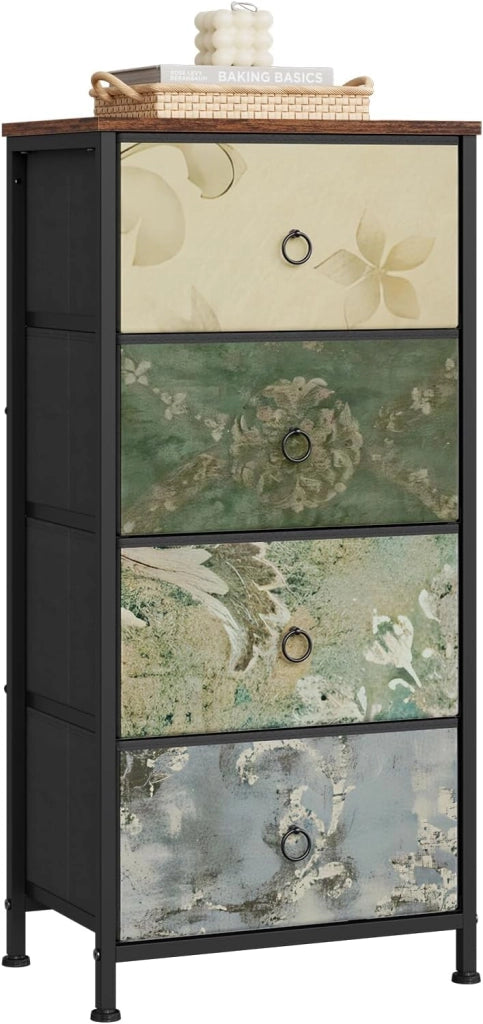 Cassettiera, 4 Cassetti per Camera da Letto/Corridoio/Soggiorno, Marrone Rustico e Nero con Motivo Fiore Retrò, Struttura in Metallo, 45x30x95cm, SSK011pw