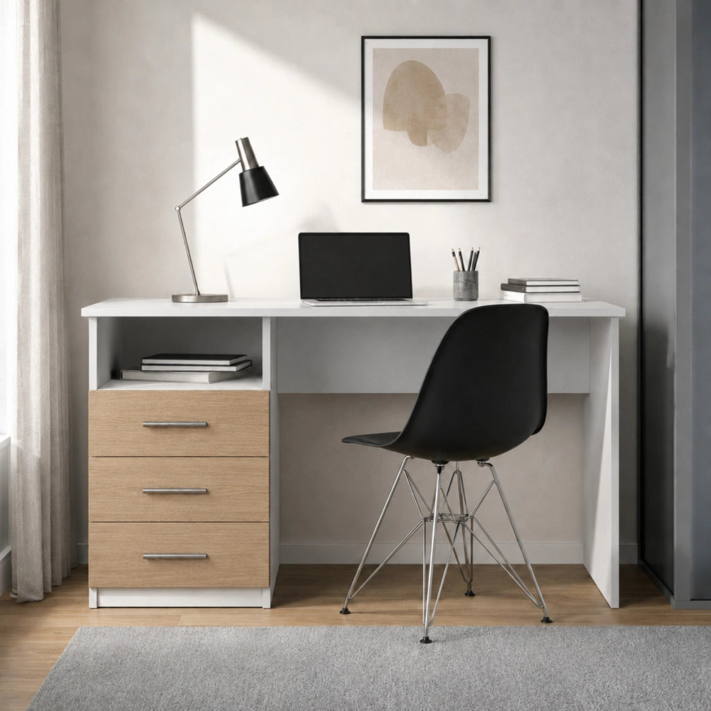 Scrivania Moderna Lipsia Con Cassetti Laterali Mobile Desk Salvaspazio Per Studio Ufficio Cameretta E Soggiorno 120 X 72 X 48 Cm Bianco E Rovere