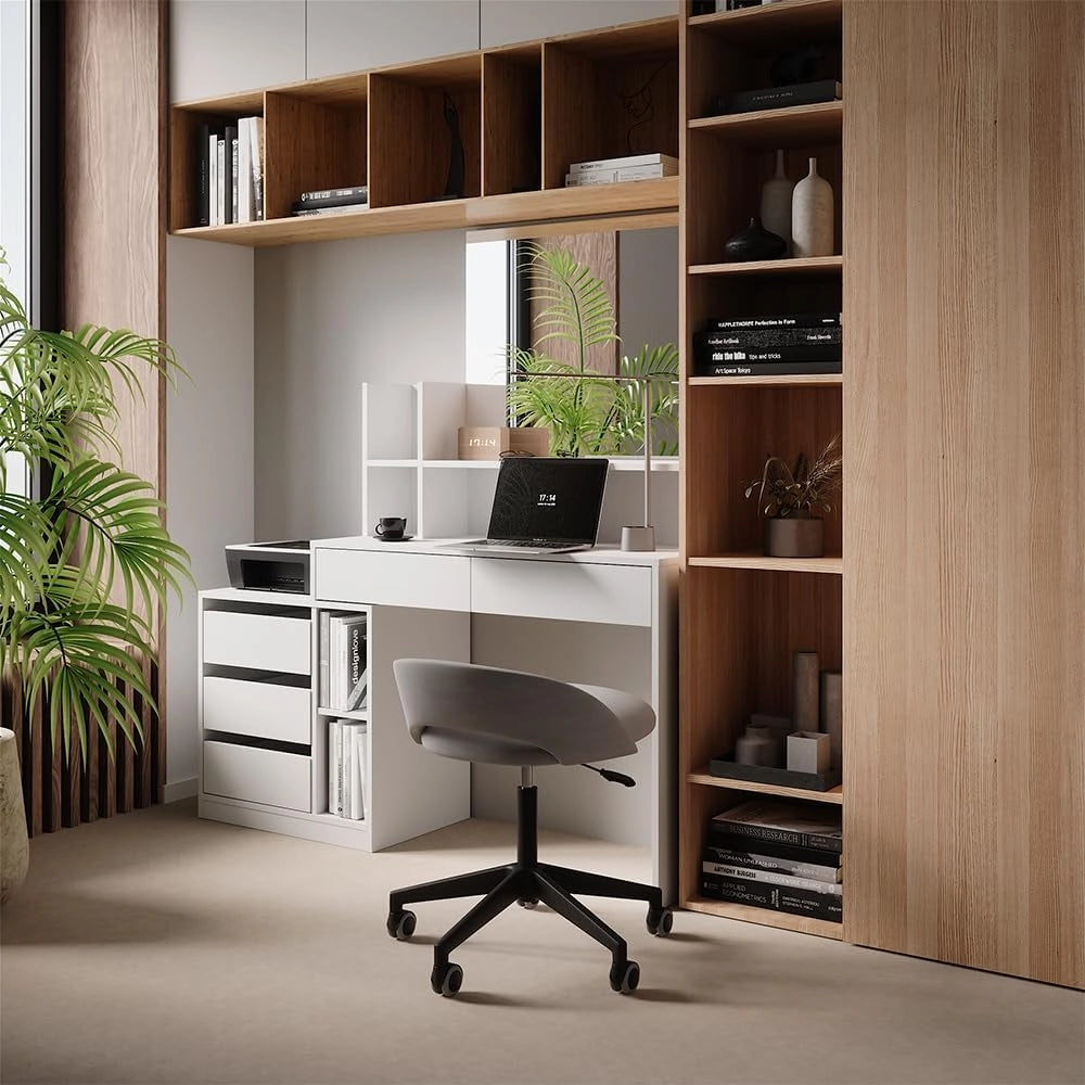 Scrivania Anja, Bianco, 139.8 x 40 cm con cassetti, adatto come postazione di lavoro o superficie d’appoggio in ambienti domestici