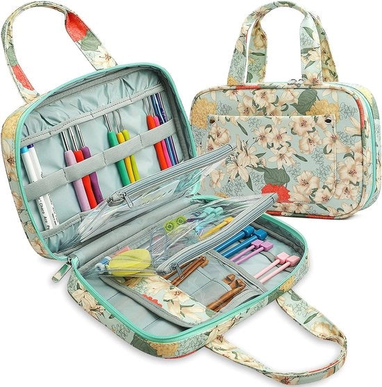 Organizzatore di brevi e maglia con chiusura a righello e diverse tasche per attrezzi per maglia