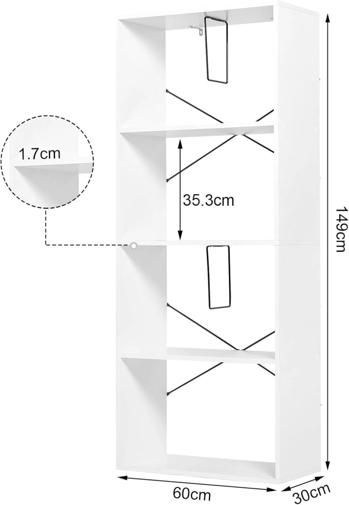 Scaffale da Soggiorno a 4 Ripiani, Libreria in Legno Salvaspazio Portaoggetti, Mobile Multiuso Moderno Bianco, per Studio, Camera da Letto, Cucina, Ufficio, 60x30x149cm