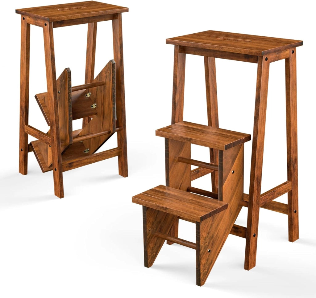 Sedia a Scala in Legno a 3 Livelli, Sgabello a Scala Multifunzionale Pieghevole, Altezza 76 cm, Portata Totale 310 kg, 2 Colori