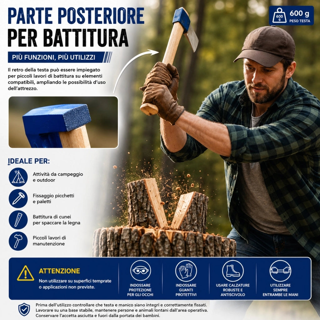 Ascia Spaccalegna 600 g Manico Legno 38,5 cm Accetta Da Esterno 02151