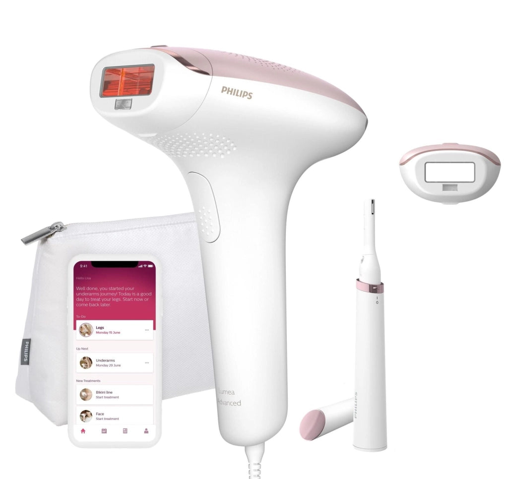 Philips Lumea Advanced BRI920 - Epilatore luce pulsata IPL, 5 livelli di intensita', testina corpo 4 cm² + testina sopracciglia, utilizzo su corpo e bikini, alimentazione da rete, sensore pelle, filtro UV, Colore Bianco-rosa