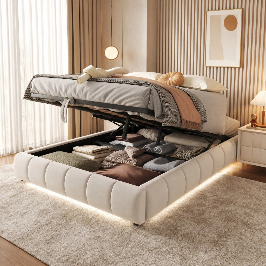 Letto imbottito 140 x 200 cm con struttura idraulica, luce LED bianca, contenitore salvaspazio, senza testiera, beige