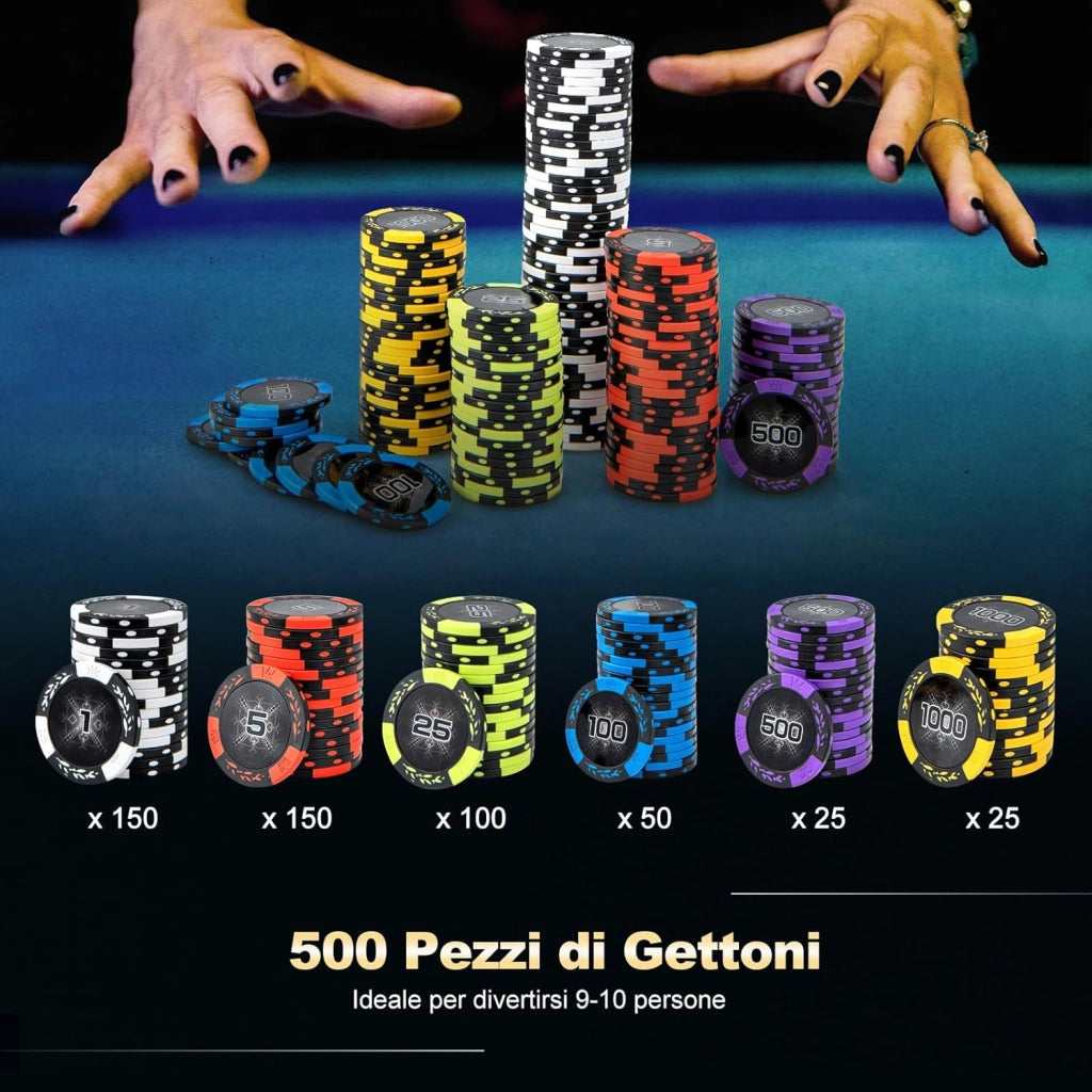 Poker Chips, Set di Fiches da Poker con 500/300 Chips e Custodia in Alluminio, Mazzo di Carte 5 Dadi, Set di Fiches per Party Viaggi e Feste (500 chips)